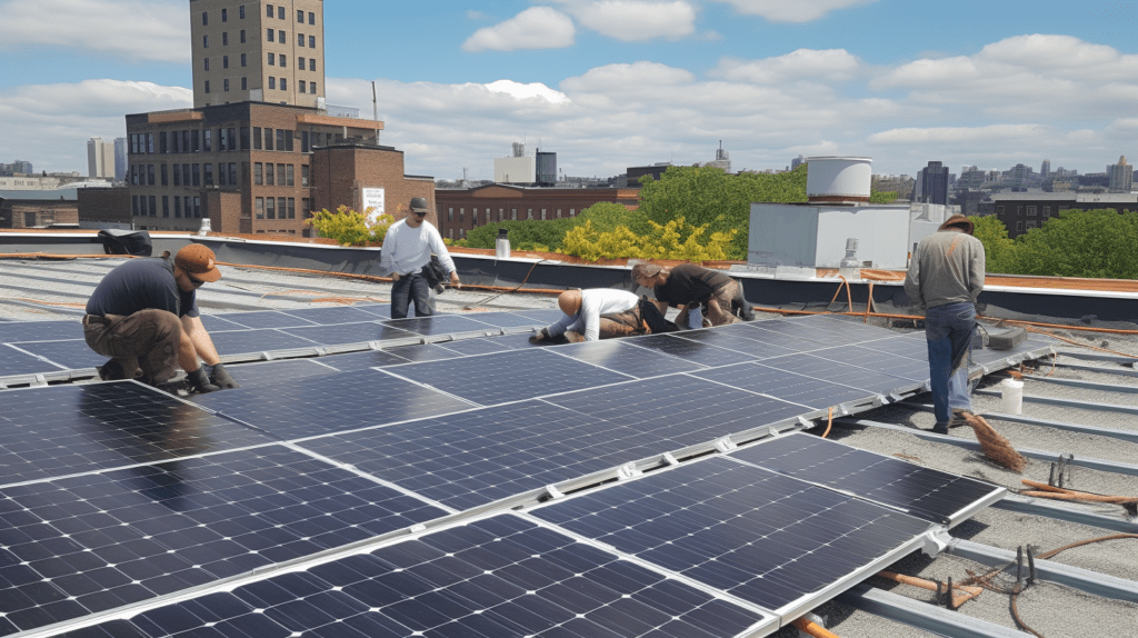 Industria, sostenibilità, lavoratori, operai, pannelli solari, pannelli fotovoltaici