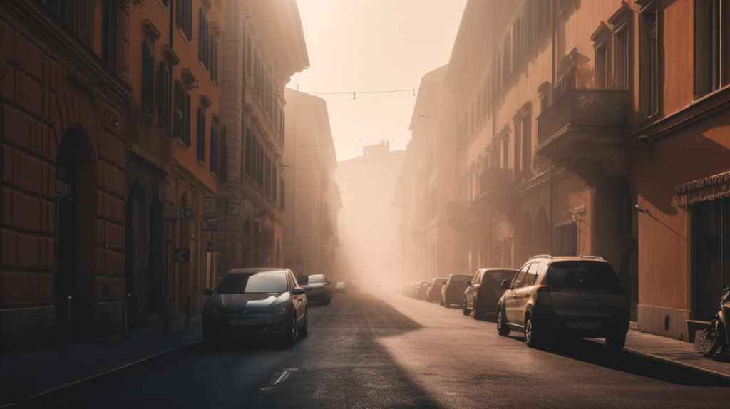 Smog in a street in an italian city / AI