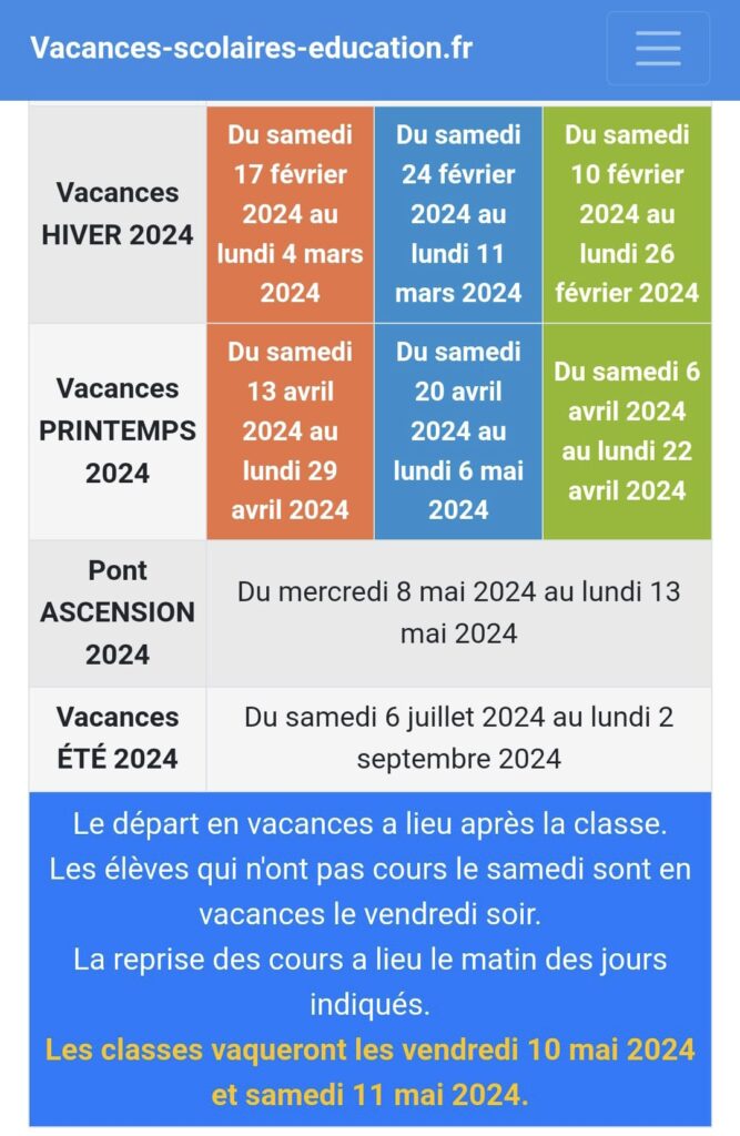 Vacances et long week-ends en France (source: Education.fr)