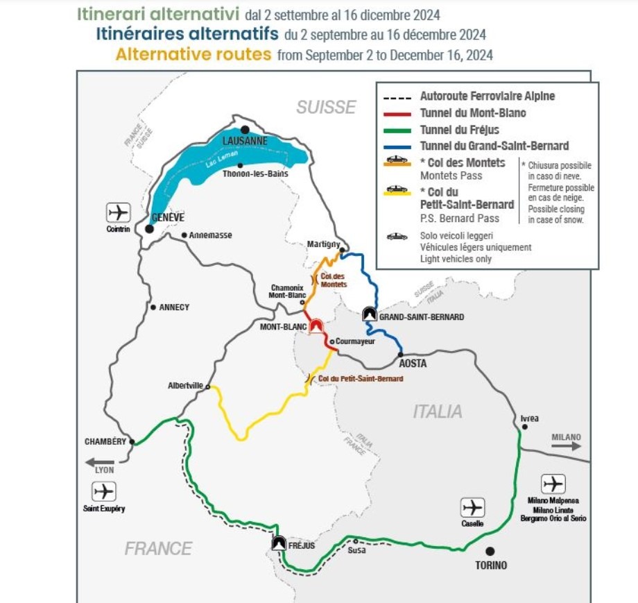 Itinerari alternativi alla chiusura del traforo del Monte Bianco dal 2 settembre al 16 dicembre 2024 (credits: tunnelmb.net/)