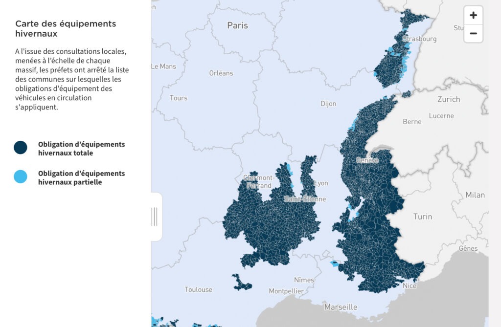 La carte des zones où les pneus hiver sont obligatoires