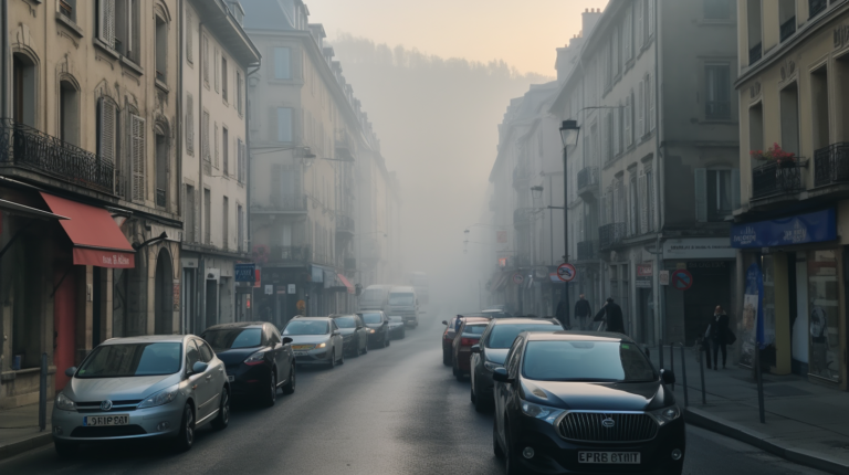 Une rue d'une ville avec une mauvaise qualité de l'air (c) Nos Alpes IA