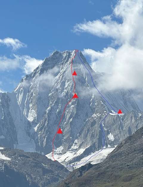 La ligne d’ascension en rouge avec les camps d’altitude, la ligne bleue représentant l’itinéraire de descente (c) Matthias Gribi