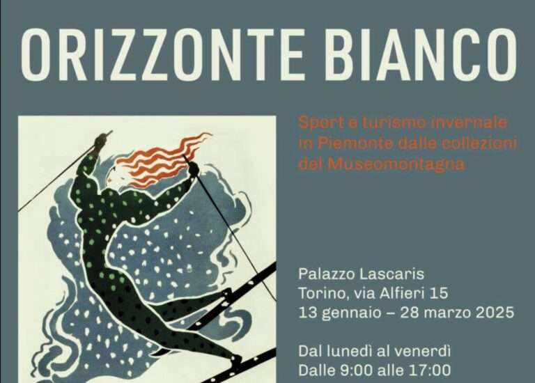 La locandina della mostra Orizzonte Bianco, dedicata ai manifesti dello sci in Piemonte