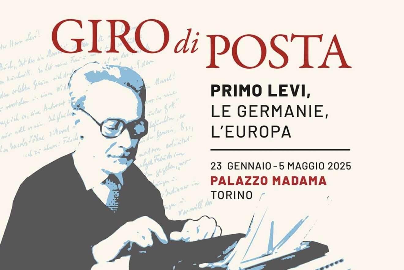 La locandina della mostra su Primo Levi a Torino nel 2025, dal titolo "Giro di Posta"