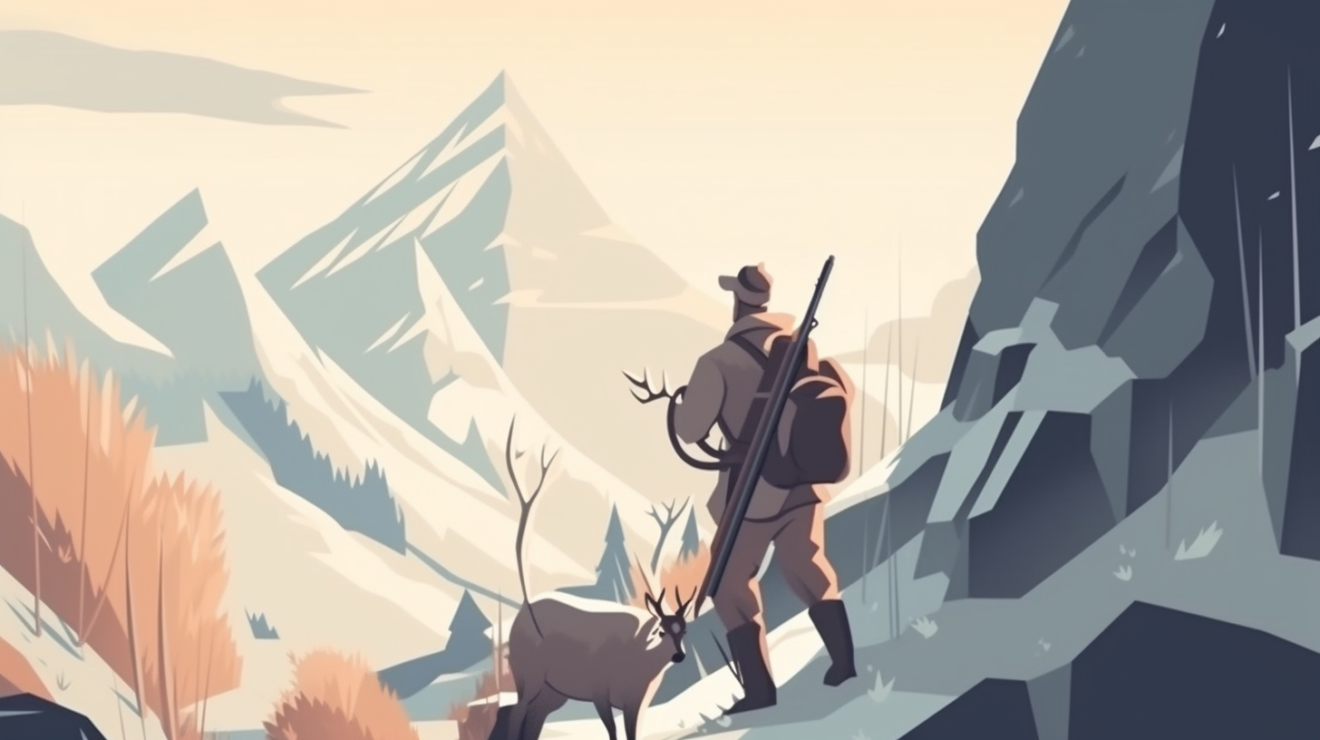 Un camoscio e un cacciatore (c) peril racconto Plik e Dolfe - Nos Alpes IA