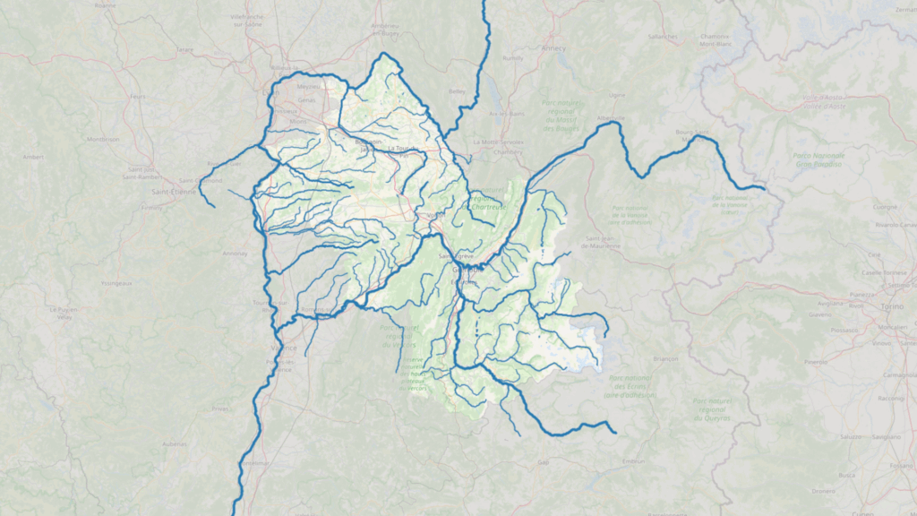 Le bassin hydrographique de l'Isère Il bacino idrografico dell'Isère (c) Département de l'Isère sur carte OSM