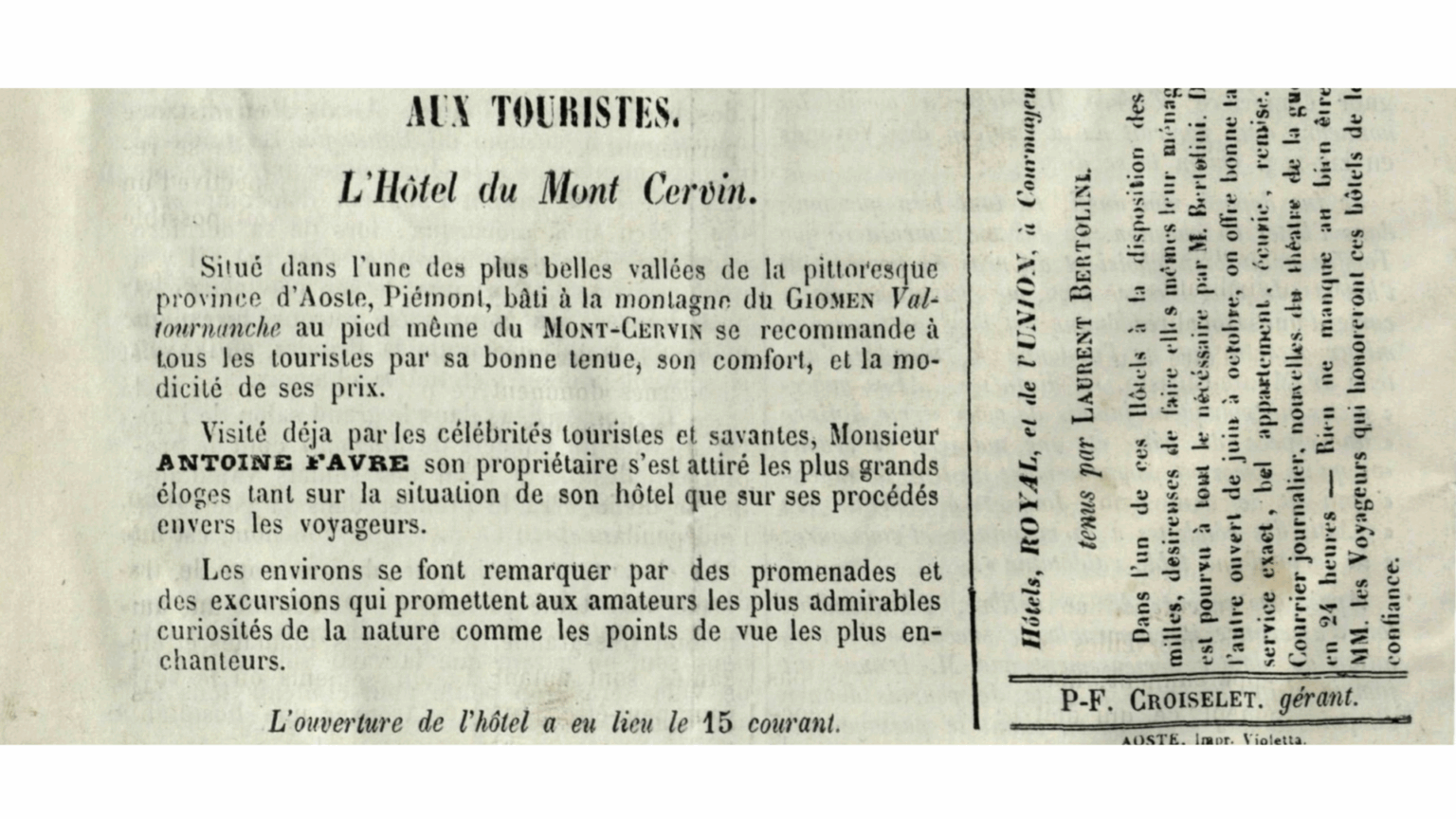 Une publicité tirée de la revue Album, 1856, à la Bibliothèque régionale d'Aoste
