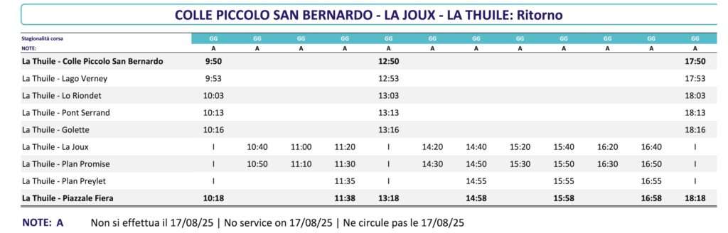 Piccolo San Bernardo - orari delle navette Arriva