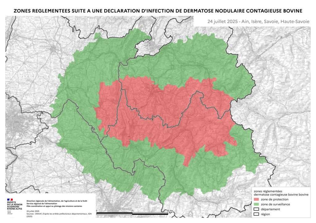 Carte de zonage dermatose nodulaire bovine au 28 juillet 2025 (c) préfecture de la région auvergne rhône alpes