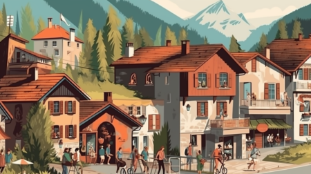 Du tourisme dans un village de montagne, illustration - turismo in un villaggio di montagna, illustrazione (c) Nos Alpes AI