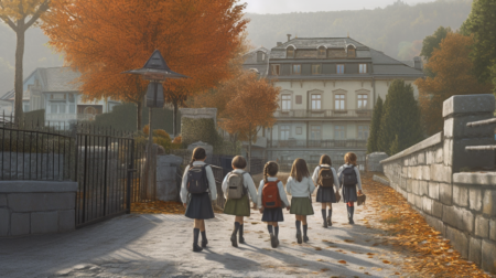 Des enfants à la rentrée vers l'école dans un décor suisse - Degli scolari verso scuola in un ambiente della Svizzera (c) Nos Alpes IA