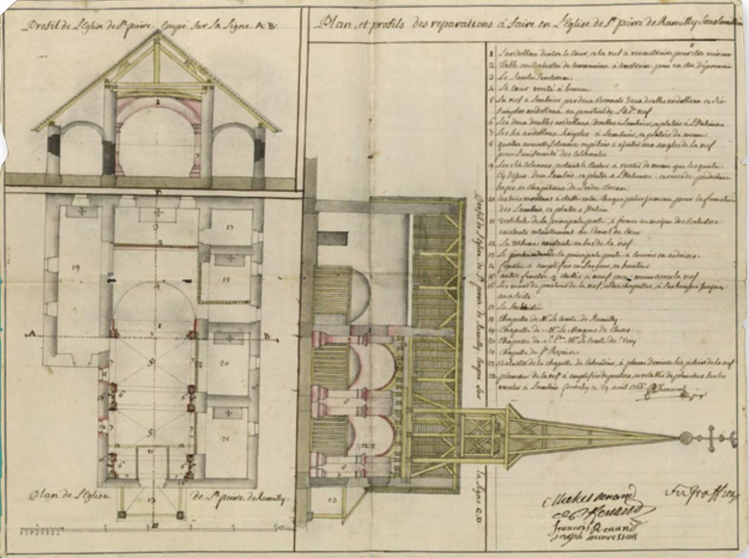 Plan et profils des réparations à faire en l’église paroissiale de Rumilly sous Cornillon, (aujourd’hui Saint-Pierre-en- Faucigny), 1766 (c) Archives départementales de la Haute-Savoie