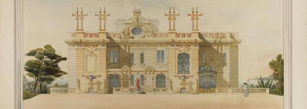 Dessin à l'aquarelle (façade nord) du projet de modification de la villa tropicale, propriété du prince lobanow rostowsky, 1903 (c) archives départementales des alpes maritimes