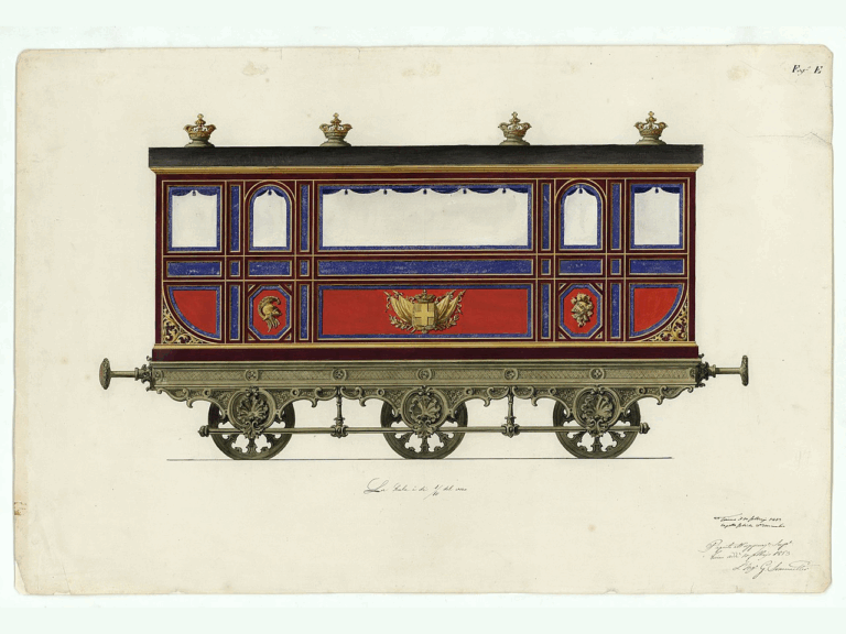 Disegno tecnico di Gabriele Capello per il treno reale, nel 1853, a Torino (c) Public domain SandiSan Wikimedia Commons