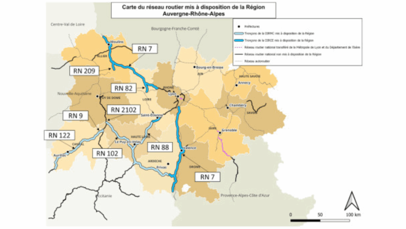 La mappa delle Strade nazionali a gestione diretta da parte della Région Auvergne-Rhône-Alpes; La carte des Routes nationales à gestion directe de la Région Auvergne-Rhône-Alpes (c) Région AURA
