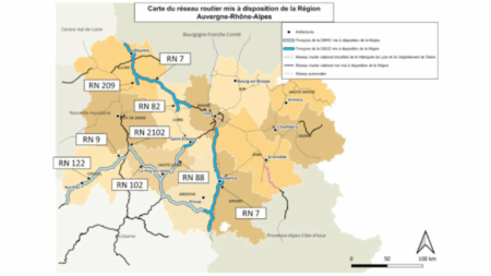 La mappa delle Strade nazionali a gestione diretta da parte della Région Auvergne-Rhône-Alpes; La carte des Routes nationales à gestion directe de la Région Auvergne-Rhône-Alpes (c) Région AURA