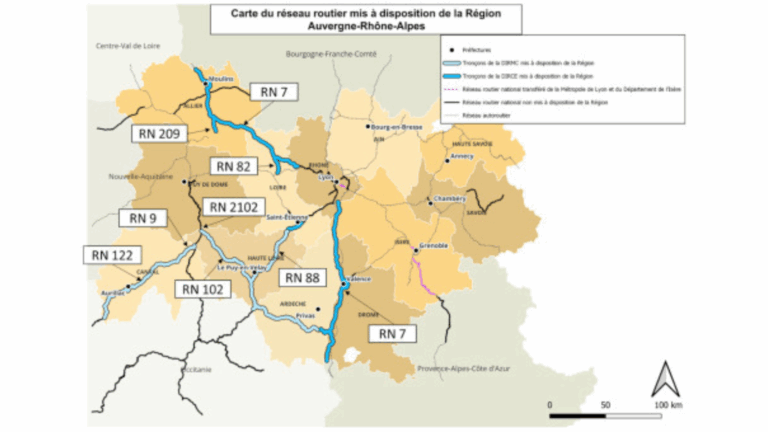 La mappa delle Strade nazionali a gestione diretta da parte della Région Auvergne-Rhône-Alpes; La carte des Routes nationales à gestion directe de la Région Auvergne-Rhône-Alpes (c) Région AURA