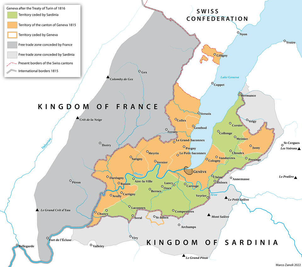 La carte du canton de genève e des communes de la savoie à l'époque du traité de turin de 1816 (c) cc by sa 4 0 marco zanoliwikimedia commons
