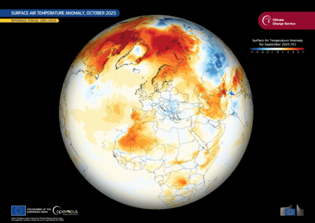 Dans les Alpes le troisième mois d’octobre le plus chaud Ottobre 2025 sulle Alpi e nel mondo, Octobre 2025 sur les Alpes et dans le monde (c) European Union, Copernicus Climate Change Service Data