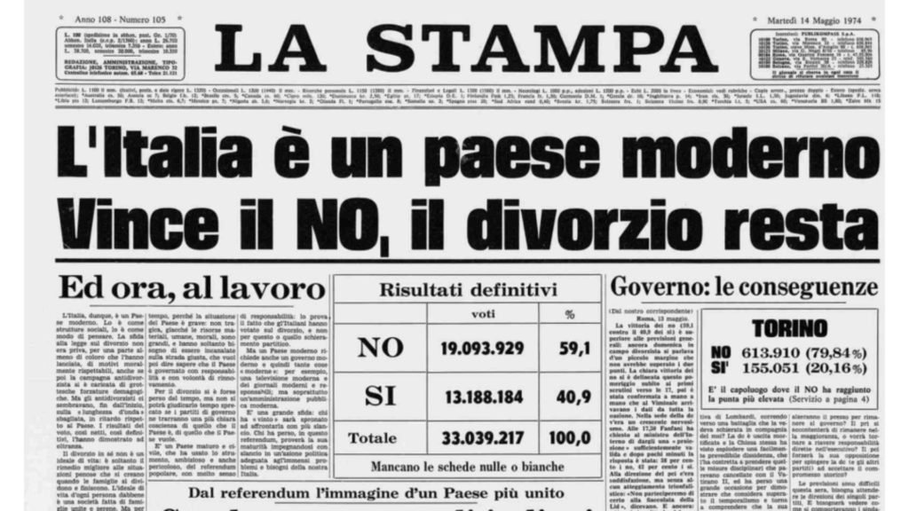 La prima pagina de La Stampa del 14 maggio 1974, L'Italia è un Pese moderno (c) CC BY SA 4_0 La Stampa Wikimedia Commons