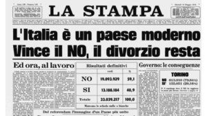 La prima pagina de La Stampa del 14 maggio 1974, L'Italia è un Pese moderno (c) CC BY SA 4_0 La Stampa Wikimedia Commons