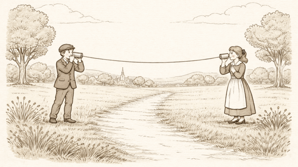 Innocenzo Manzetti, come i barattoli a filo (2) Il telefono meccanico con i barattoli, illustrazione (c) Nos Alpes AI