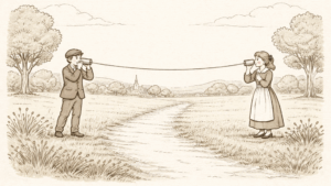 Il telefono meccanico con i barattoli, illustrazione (c) Nos Alpes AI