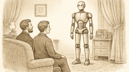 Innocent Manzetti, et l’automate à qui donner la parole (1) Innocenzo Manzetti e l'automa, illustrazione (c) Nos Alpes AI