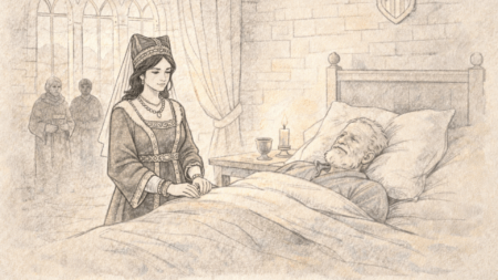 Caterina di Challand al letto del padre morente (c) Nos Alpes IA