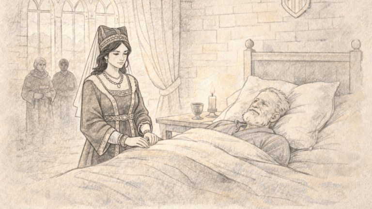 Caterina di Challand al letto del padre morente (c) Nos Alpes IA