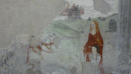 Catherine de Challant, et son époque /3 Catherine de Challant, détail du fresque avec son portrait, à la Prévôté de Saint-Gilles, à Verrès en Vallée d'Aoste (C) CC BY SA 3_0 Tenam2 Wikimedia Commons