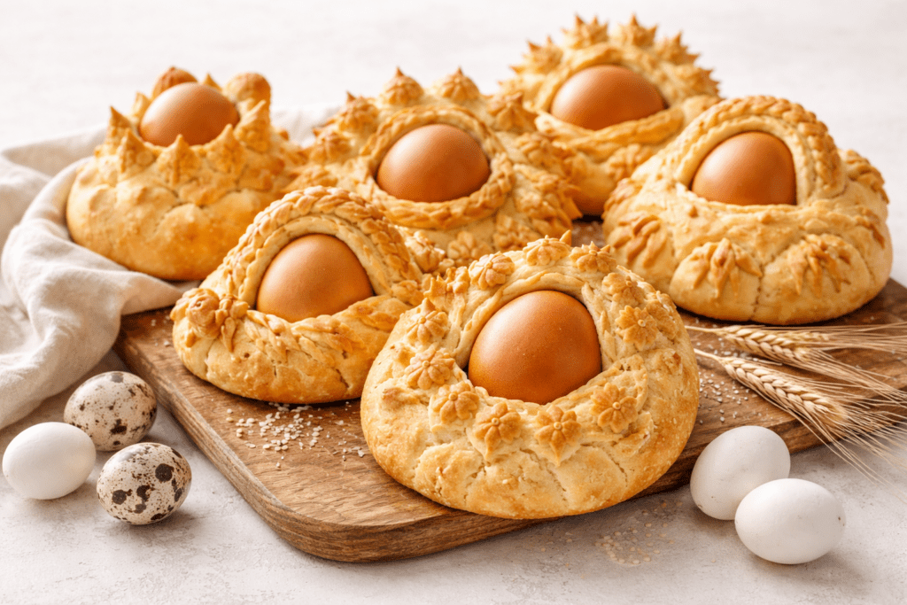 Il “Coccoi cun s’ou”, il pane con le uova tipico della Pasqua in Sardegna; Le « Coccoi cun s’ou », le pain aux œufs typique de Pâques en Sardaigne