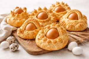 Il “Coccoi cun s’ou”, il pane con le uova tipico della Pasqua in Sardegna; Le « Coccoi cun s’ou », le pain aux œufs typique de Pâques en Sardaigne