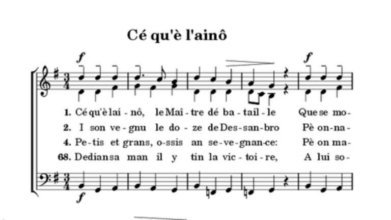 “Cé qu’è lainô”, l’inno di Ginevra scritto in lingua savoiarda; « Cé qu’è lainô », l'hymne de Genève écrit en langue savoyarde (c) Public domain, Wikimedia Commons