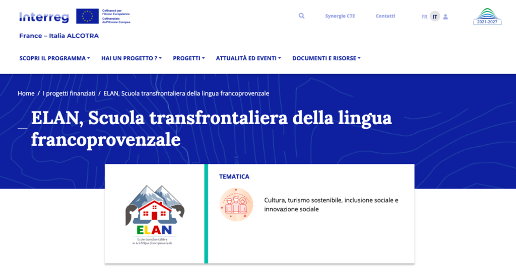 Progetto ELAN, Scuola transfrontaliera della lingua francoprovenzale finanziato da Interreg Alcotra Francia-Italia