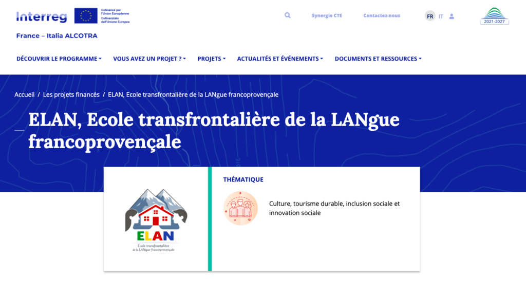 Projet ELAN, Ecole transfrontalière de langue franco-provençale financé par Interreg Alcotra France-Italie