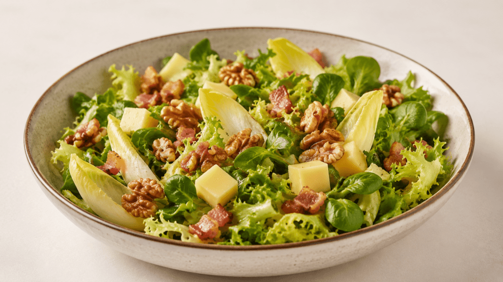 La Salade dauphinoise, le goût frais des Alpes françaises dans une salade La Salade dauphinoise (c) Nos Alpes IA