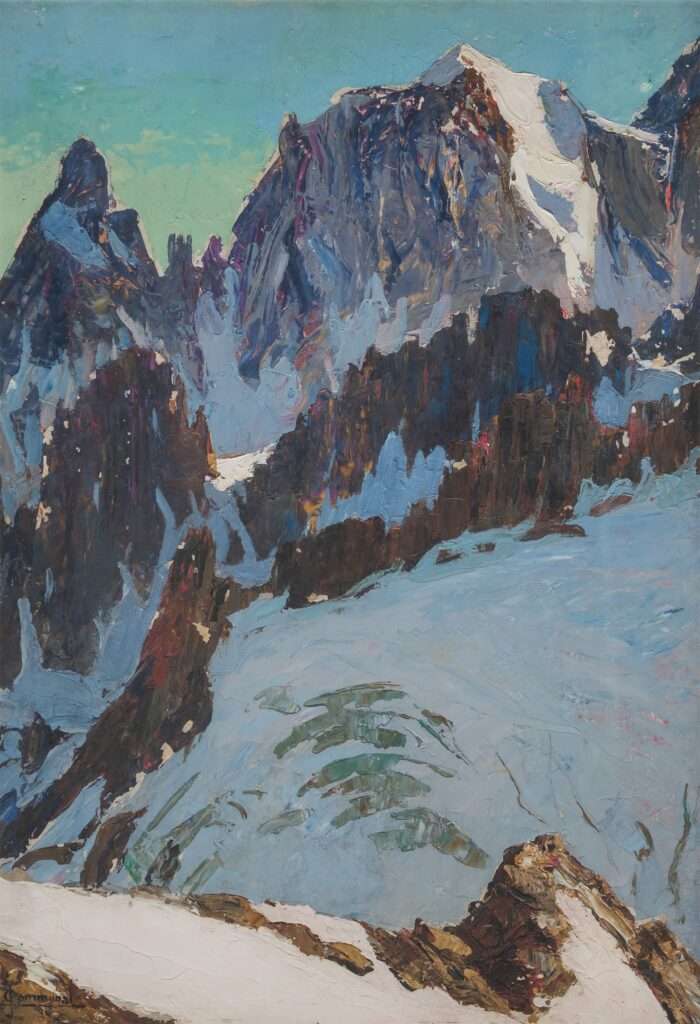 Joseph-Victor Communal (Châtelard-en-Bauges,1876 - Chambéry, 1962) La Dent de Peterel, l’aiguille Blanche vus du refuge Torino (col du Géant), 1924 Tempera su cartone / Gouache sur carton, cm 64,9 x 45,8 Chamonix-Mont-Blanc, Collection Musée du Mont-Blanc
