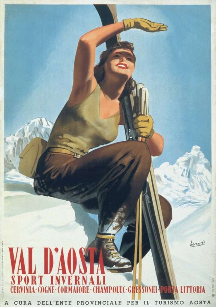 Gino Boccasile (Bari, 1901 - Milano, 1952) Val d’Aosta. Sport invernali, 1940 Offset a colori su carta / Offset en couleurs sur papier, manifesto / affiche. Milano, Stab. Pezzini, cm 98 x 69 Torino, Centro Documentazione Museo Nazionale della Montagna - CAI Torino