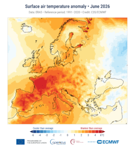 Anomalia della temperatura dell'aria in superficie per il mese di giugno 2026 rispetto alla media del mese di giugno per il periodo 1991-2020 in Europa (c) C3S/ECMWF