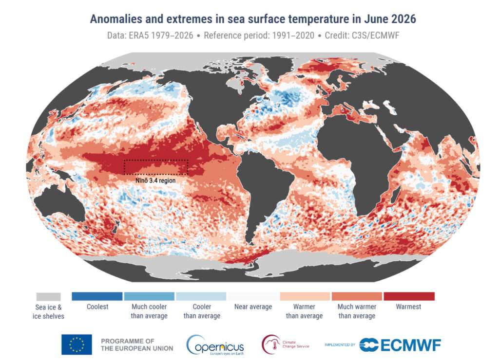 Anomalia ed estremi nella temperatura dell’acqua in superficie per il mese di giugno 2026 rispetto alla media del mese di giugno per il periodo 1991-2020 (c) C3S/ECMWF