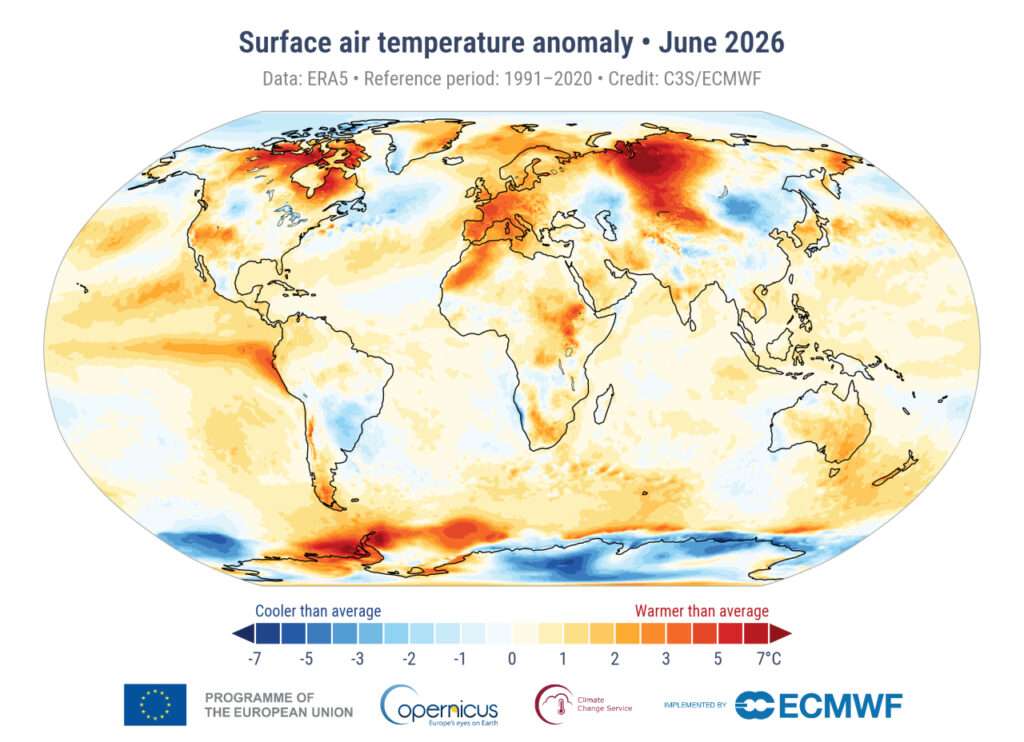 Anomalia della temperatura dell'aria in superficie per giugno 2026 rispetto alla media di giugno per il periodo 1991-2020 (c) C3S/ECMWF