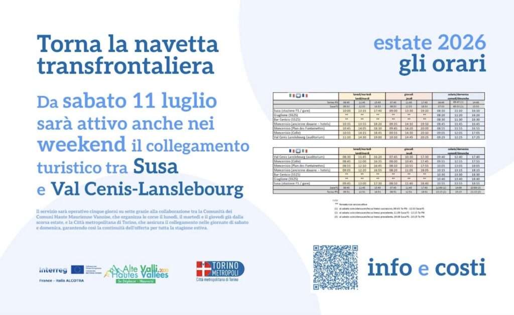 La navetta tramsfrontaliera Susa-Val Cenis; La navette transfrontalière Susa-Val Cenis (c) Città metropolitana di Torino