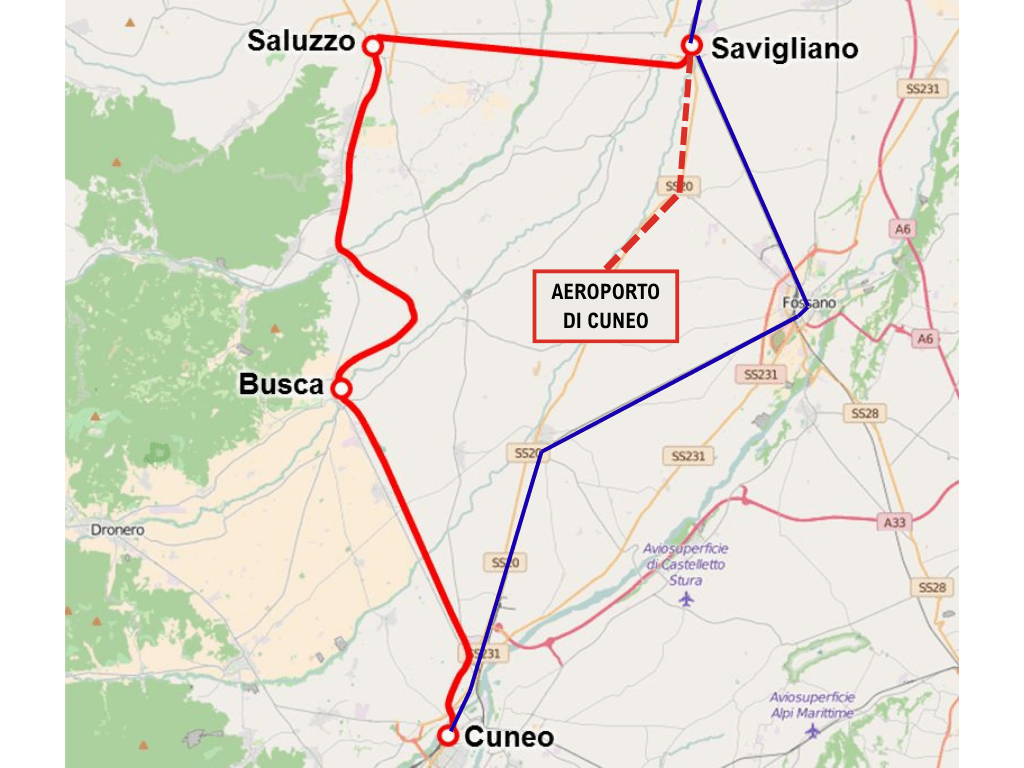 Schema semplificato della navetta tra Savigliano e l'aeroporto di cuneo, con in rosso la linea ferroviaria gestita da Arenaways Longitude (c) Elaborazione su mappa Wikimedia commons