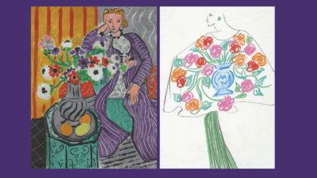 Henri Matisse e Yves Saint Laurent: arte e moda si incontrano a Nizza Henri Matisse, “Robe violette et anémones”, 1937 - Huile sur toile, 73 x 60 cm - Baltimore Museum of Art, The Cone Collection, créée par Dr. Claribel Cone et Miss Etta Cone of Baltimore, Maryland (c) Mitro Hood; Yves Saint Laurent, croquis de recherche, collection haute couture automne-hiver 1988. Crayon graphite et pastel sur papier, 29,7 x 21 cm - Musée Yves Saint Laurent Paris (c) Yves Saint Laurent, Fondation Pierre Bergé-Yves Saint Laurent