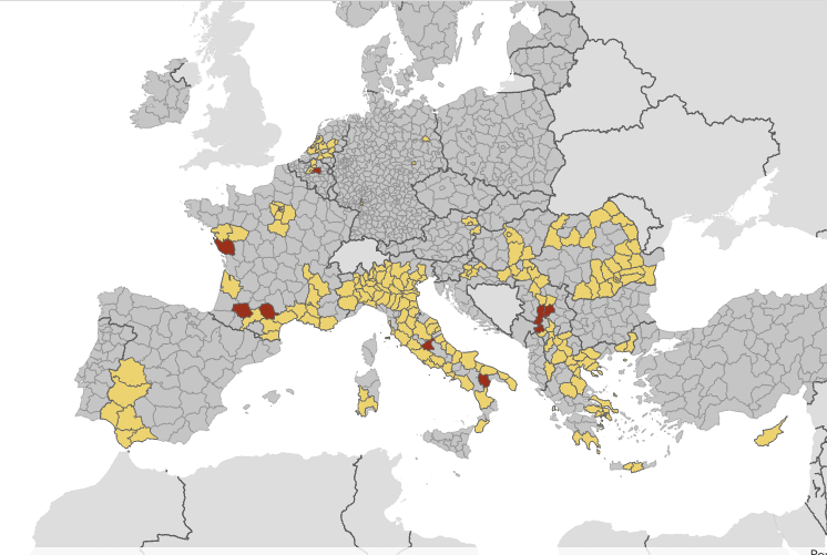 Une carte du Centre européen de prévention et de contrôle des maladies (ECDC), où les régions en jaune et en rouge représentent les régions ou provinces NUTS 3 dans lesquelles des cas de virus du Nil occidental ont été détectés chez l’homme. Les régions en rouge sont celles qui sont passées de zéro cas à plus d’un cas au cours de la semaine dernière. Mise à jour au 10 septembre 2026. (c) ECDC